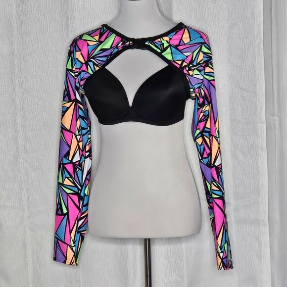 Rolita Couture Bold Colorful Neon Stained Glass Print Festival Buckle Crop Top - Picture 2 of 14